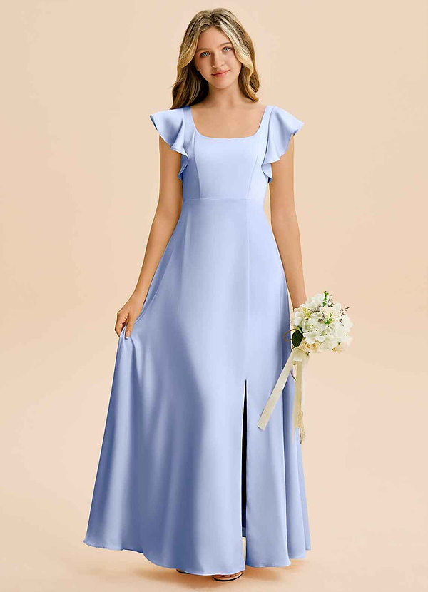 Azazie Bondi Junior Ice A-Line Side Slit Stretch Satin Dress image1