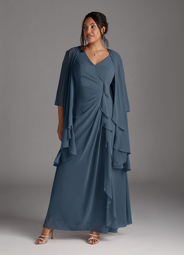 Azazie Manuella Mother of the Brides Dresses Neptune A-Line V-Neck Pleated Chiffon Dress image1