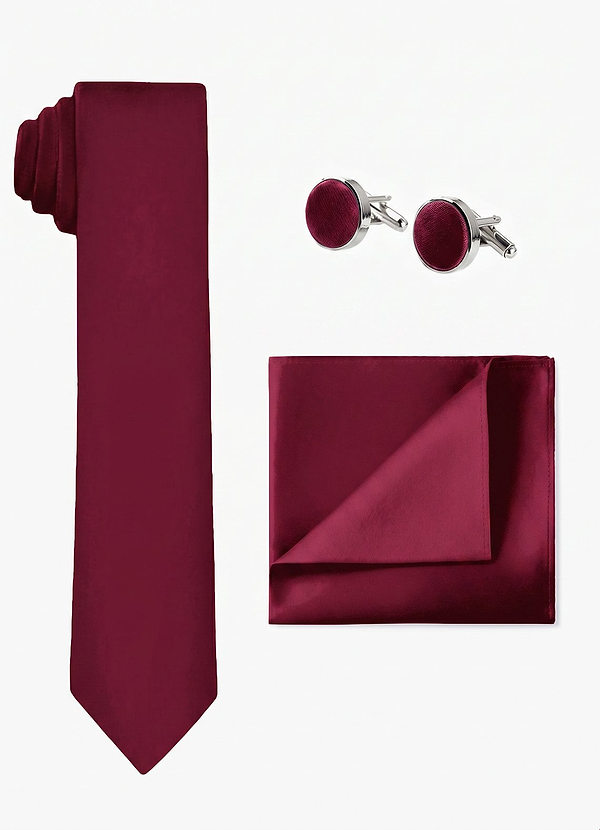 front Set coordinato di cravatta larga in raso elasticizzato, fazzoletto da taschino e gemelli