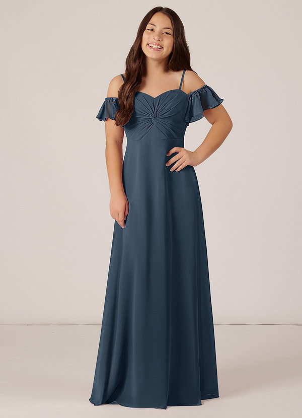 Azazie Juna Junior Robe Trapèze en Mousseline de soie Épaule décolletée Neptune image1