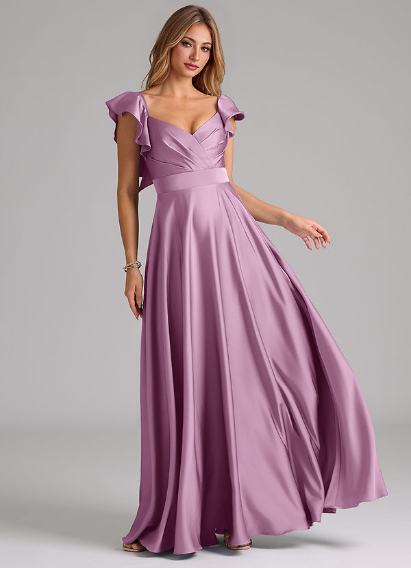 Azazie Leilani Bridesmaid Dresses Wisteria A-Line Ruched Stretch Satin Dress image1
