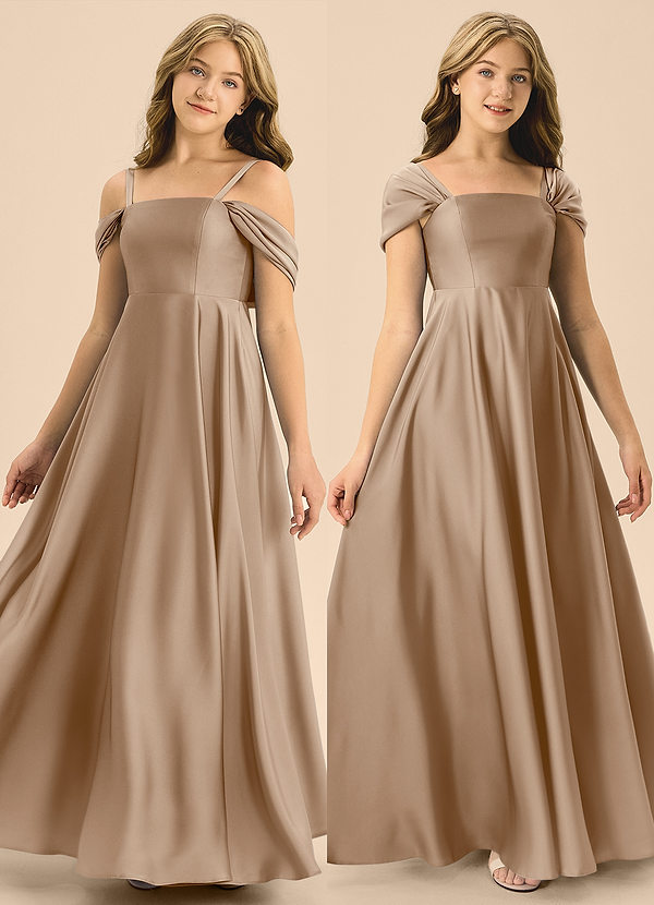 Azazie Rowena Junior Taupe A-Line Bow Stretch Satin Dress image1