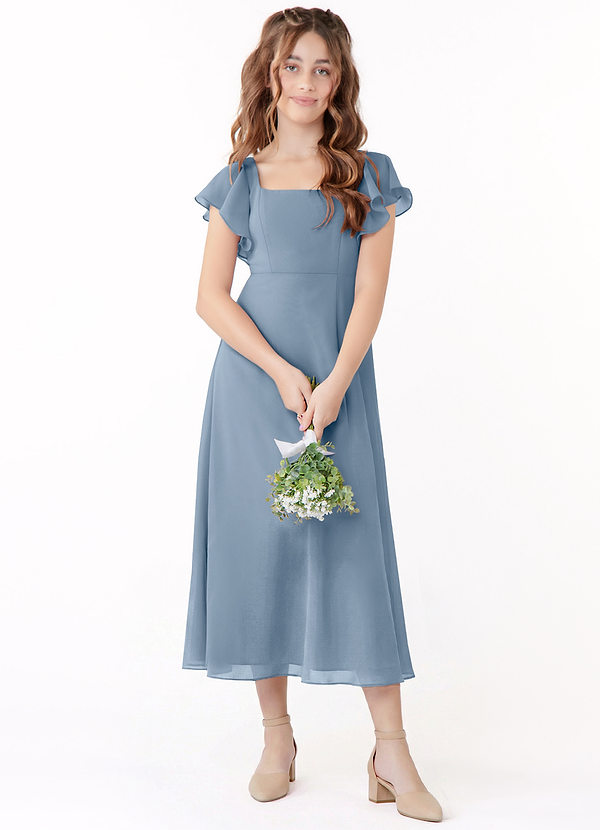 Azazie Bondi Junior Jurk van Chiffon met A-Lijn Ruches Stoffig Blauw image1