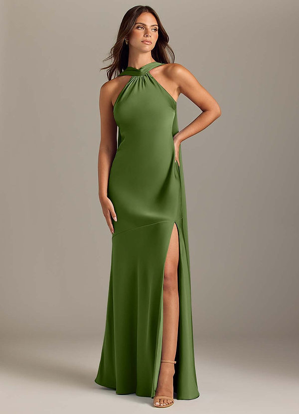 Azazie Kinsley Vestidos de Dama de Honor Vestido Zimbro de Cetim elástico de sereia com Racha Lateral image1