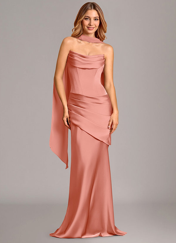 Azazie Pelagia 신부 들러리 드레스 인어 코르셋 스트레치 새틴 바닥 길이 드레스 image1