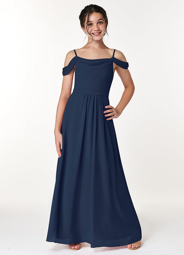 Azazie Alivia Junior Dark Navy A-Line Off the Shoulder Chiffon Dress image1