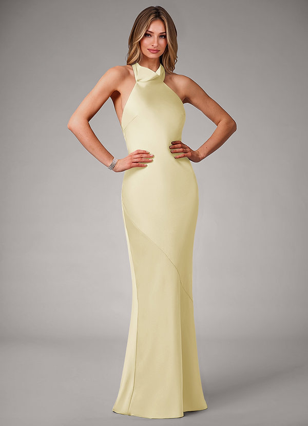 Azazie Velli Bridesmaid Dresses Lemon Sorbet Mermaid High Neck Stretch Satin Dress image1