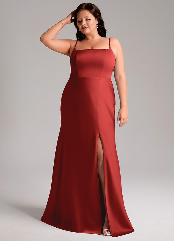 Azazie Lidia Bridesmaid Dresses Pomegranate Mermaid Side Slit Stretch Satin Dress image1