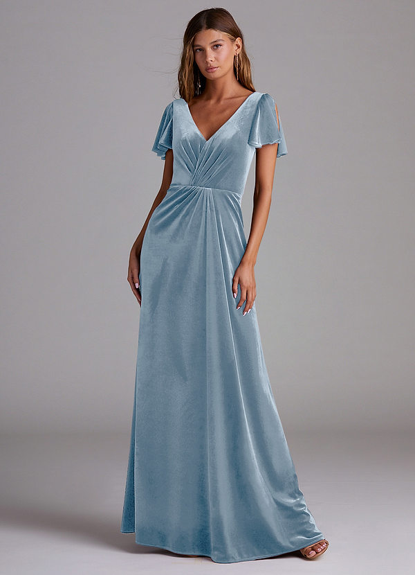Azazie Soren Bridesmaid Dresses Dusty Blue A-Line Velvet Dress image1