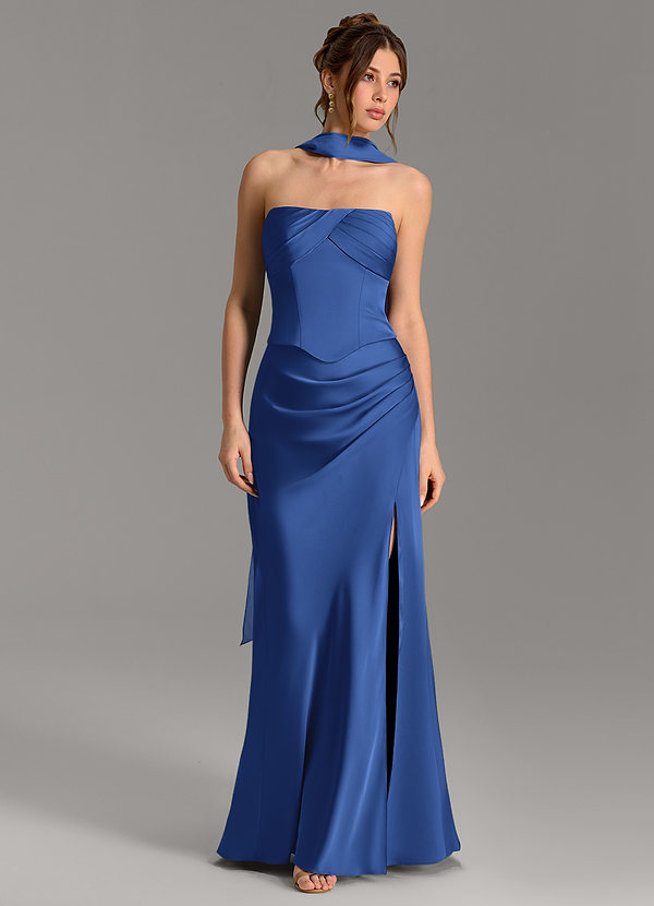 Azazie Nicki Bridesmaid Dresses Royal Blue Sheath Corset Stretch Satin Dress image1