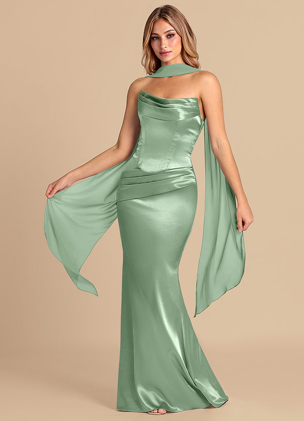 Azazie Sorrel 신부 들러리 드레스 인어 코르셋 메탈릭 새틴 바닥 길이 드레스 image1