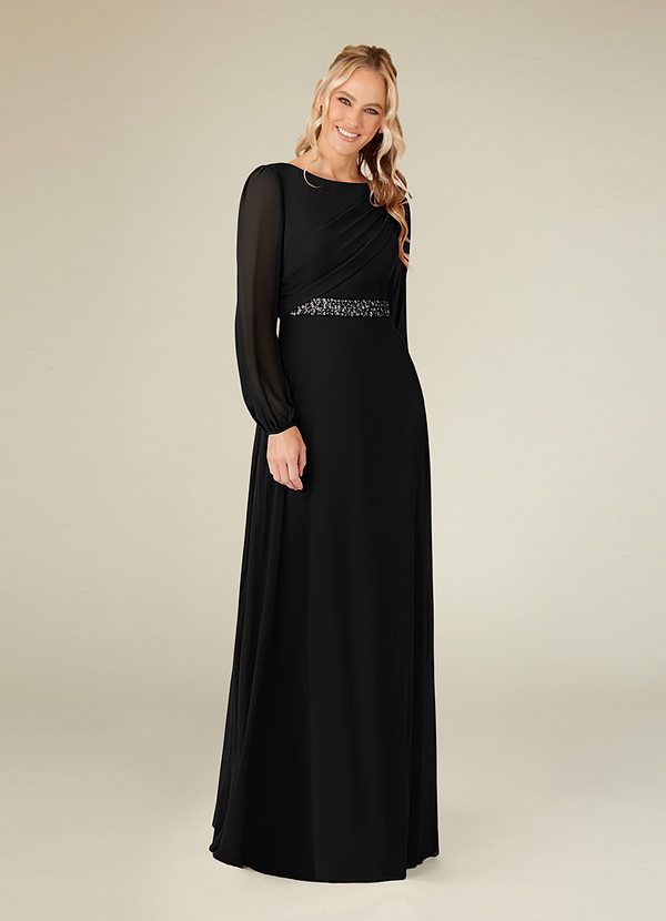 Azazie Priyanka Vestidos de Madre de la Novia Vestido de Negro de Gasa de Corte En A con Cuello barco plisado image1