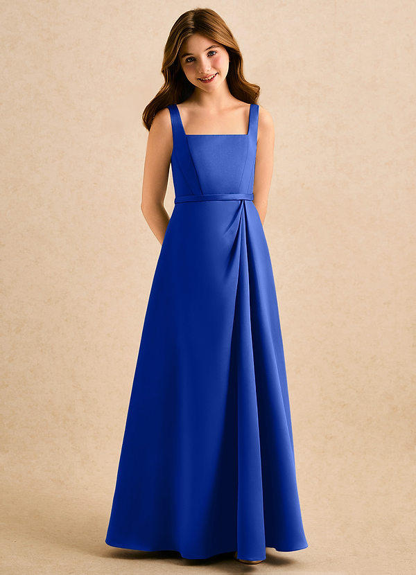 Azazie Emiko Girls Formal Abiti da Damigella Bambina Abito A-Line in Raso Opaco Plissettato Blu Reale image1