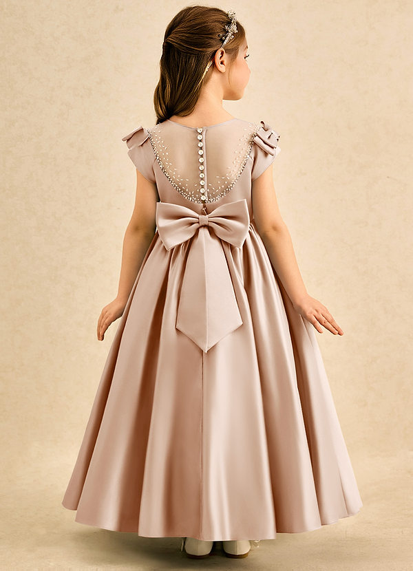 Azazie Toffee Abiti da Damigella Bambina Abito Stile Principessa in Raso Opaco Fiocco Rosa Inglese image1