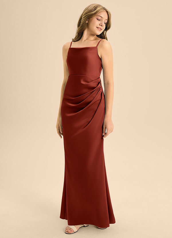 Azazie Renna Junior Robe Trapèze en Satin extensible Plissée Terracotta image1
