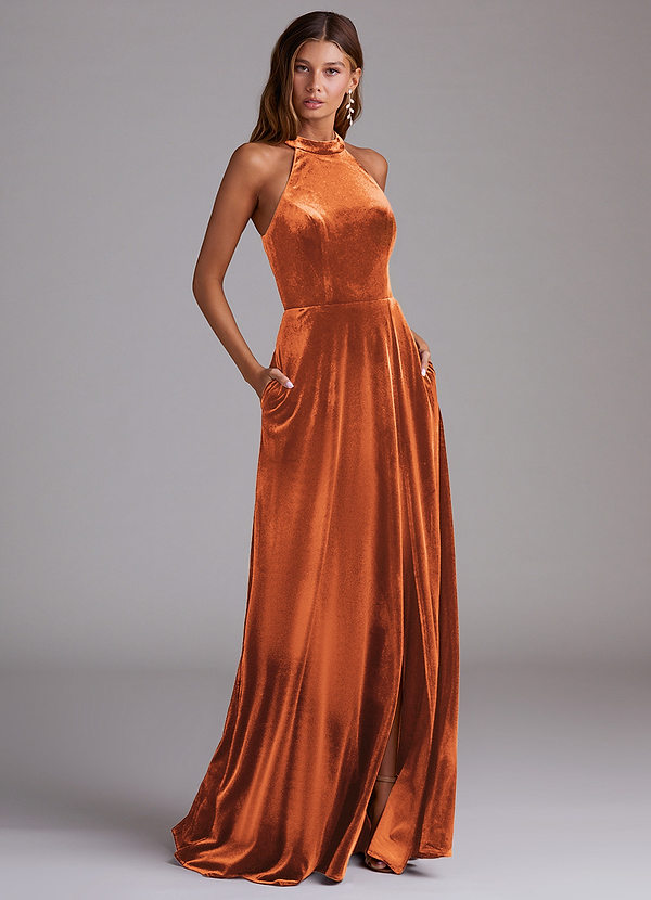 Azazie Larice Bridesmaid Dresses Burnt Orange A-Line with Pockets Velvet Dress image1
