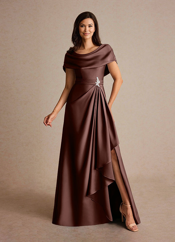 Azazie Branford Mother of the Bride Dresses Vestido Café Expresso de Cetim elástico de Linha A com Plissado image1