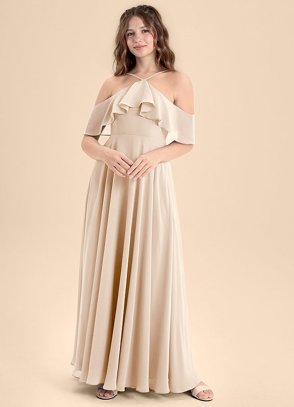 Azazie Tessabelle Junior Jurk van Chiffon met A-Lijn Off the Shoulder Wit Albast image1
