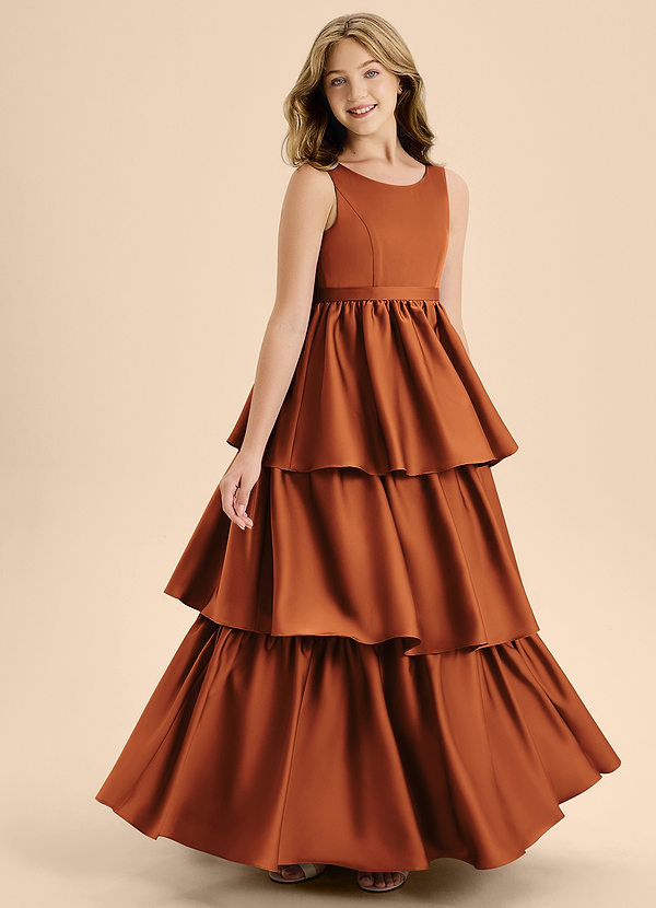Azazie Meadowyn Junior Cinnamon A-Line Bow Stretch Satin Dress image1