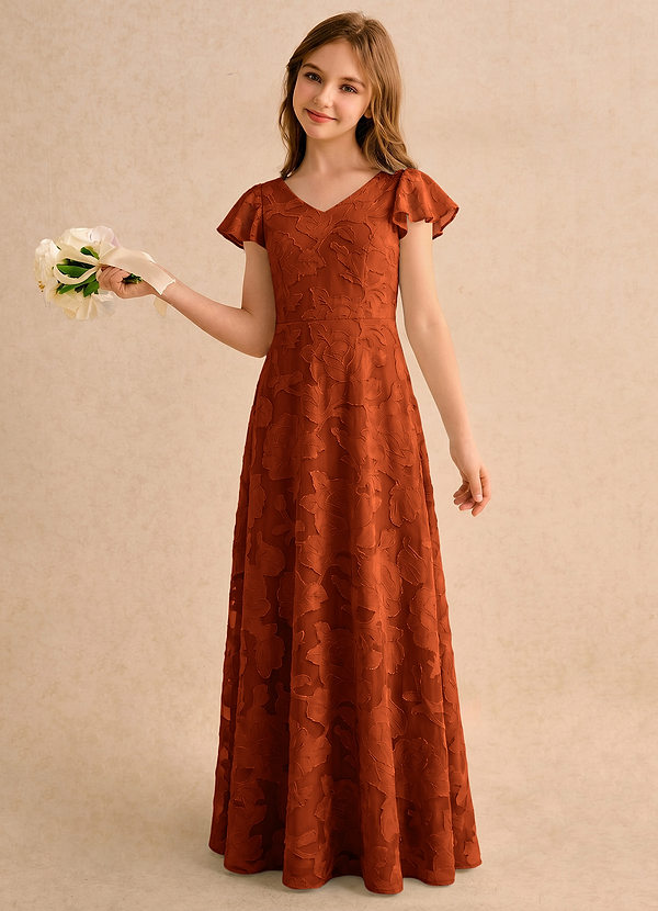 Azazie Narin Girls Formal Robes de cortège enfant Robe Trapèze en Blumen-Burnout avec manches Paprika image1