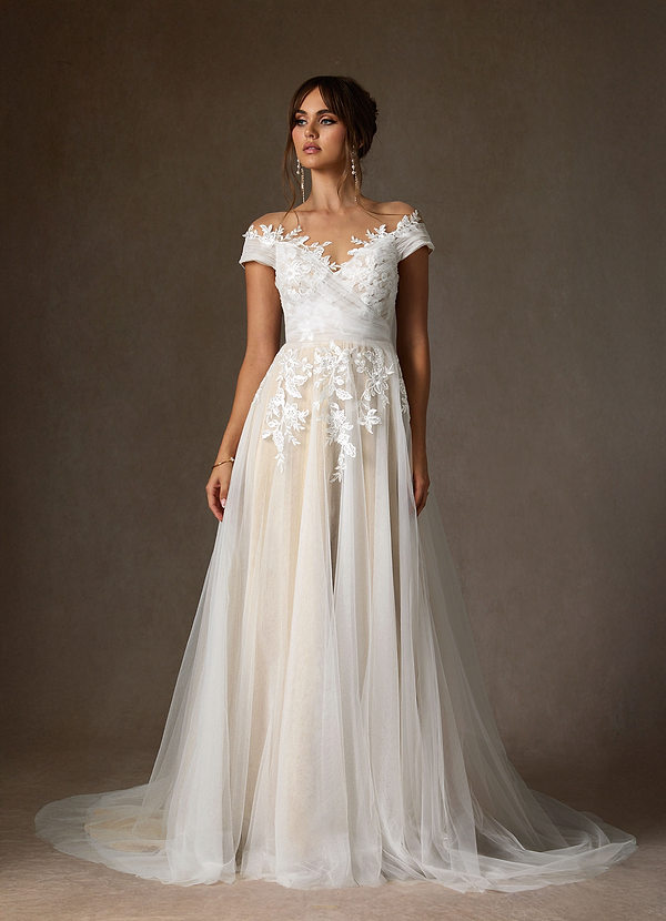 Azazie Cindy Wedding Dresses Diamond White Champagne A-Line Illusion Off-The-Shouler Lace Tulle Dress image1