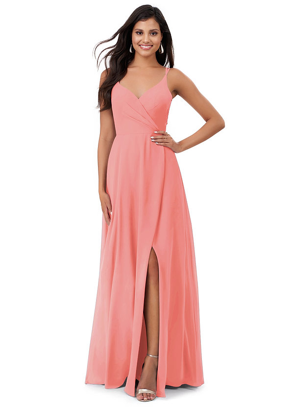 Azazie Lennon Bridesmaid Dresses Coral A-Line Lace Chiffon Dress image1