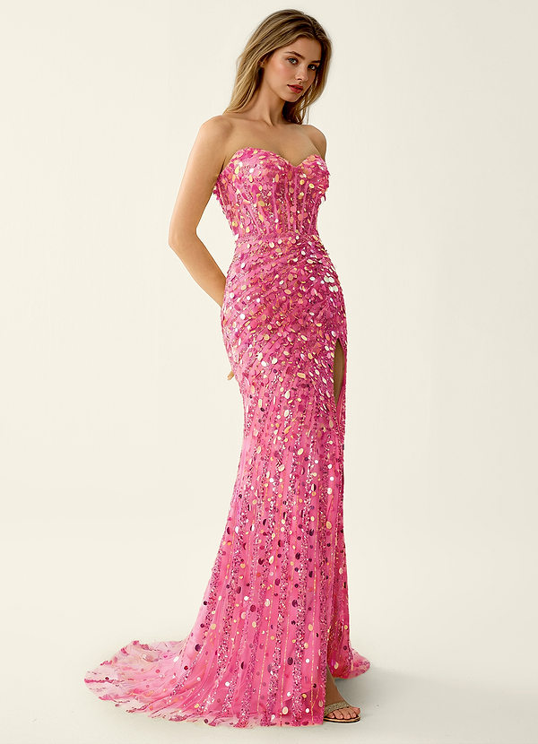 Elowomgen Rose Pink Beading Sequin Embroidery Mesh Prom Dress image1
