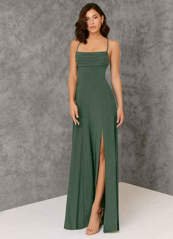 Azazie Aubrianna Bridesmaid Dresses A-Line Pleated Luxe Knit Floor-Length Dress image1