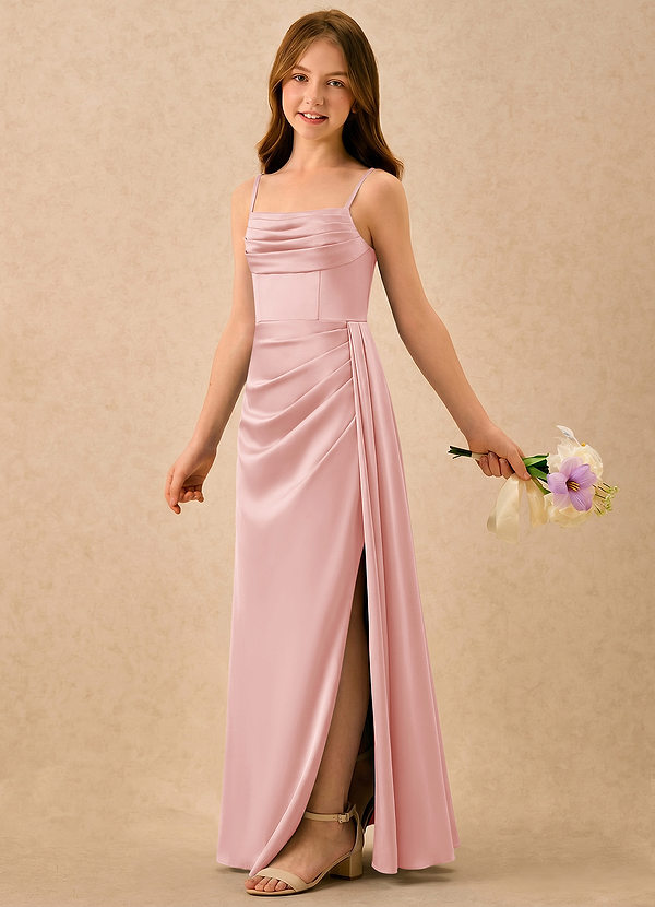 Azazie Shyla Girls Formal Robes de cortège enfant Robe Fourreau en Satin extensible Plissée Rose Poudré image1