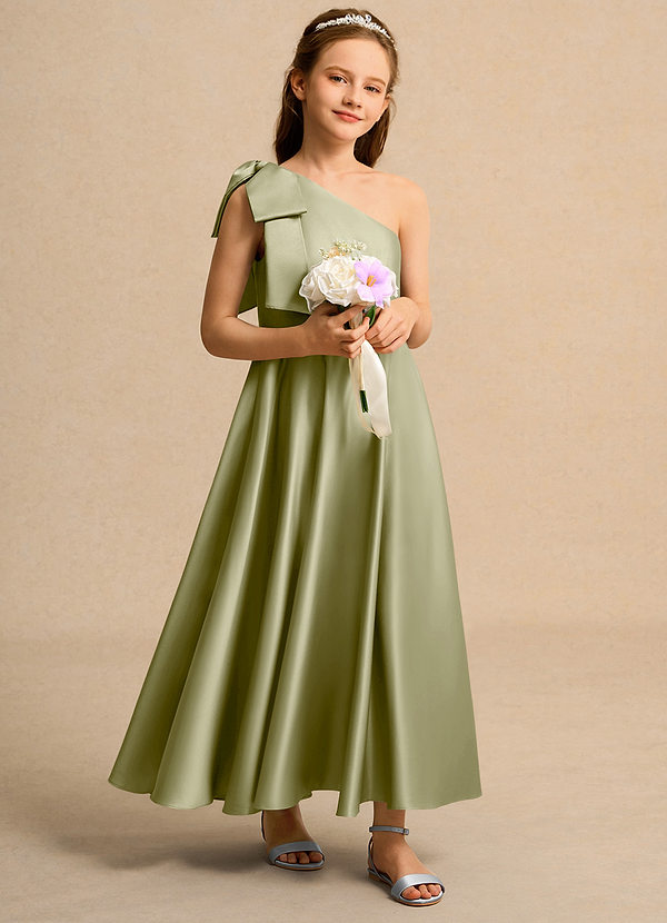 Azazie Guppy Girls Formal Flower Girl Dresses Moss Green A-Line One Shoulder Matte Satin Dress image1