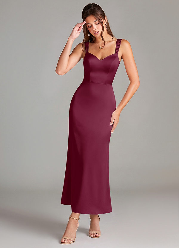 Azazie Denice Bridesmaid Dresses Mulberry Sheath Pleated Stretch Satin Dress image1