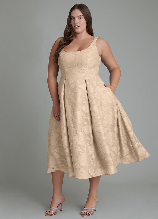 Azazie Amalie Bridesmaid Dresses Champagne A-Line Pleated Floral Burnout Dress image1
