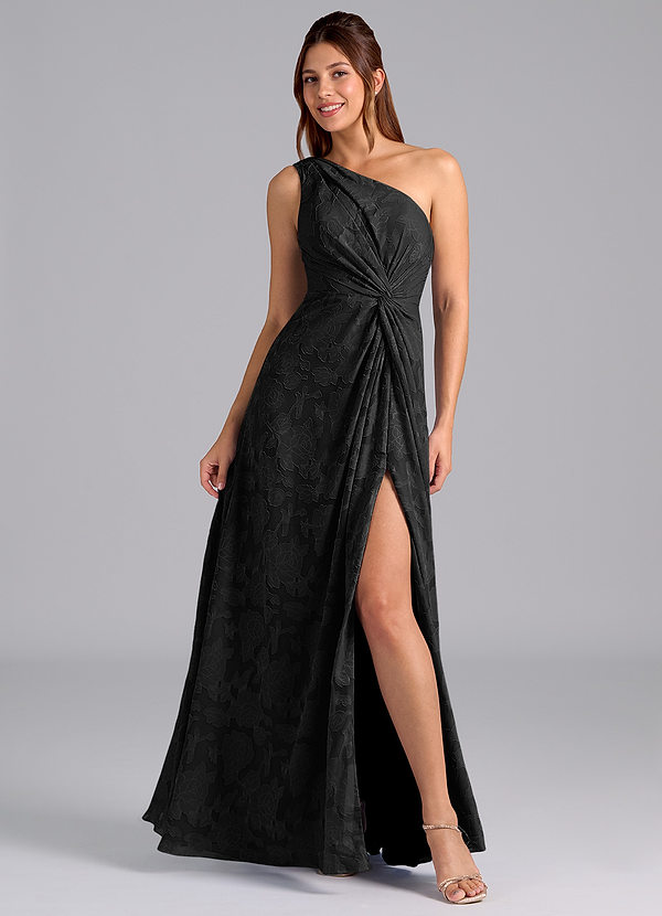 Azazie Brooke Bruidsmeisjes Jurken Jurk van Bloemen Burn-out met A-Lijn One-Shoulder Zwart image1