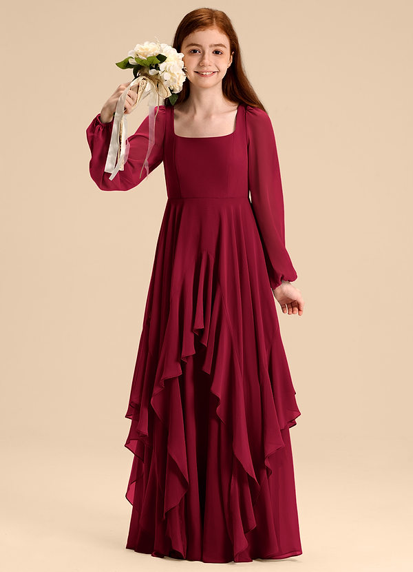 Azazie Clara Junior Abito A-Line in Chiffon Blusa Borgogna image1