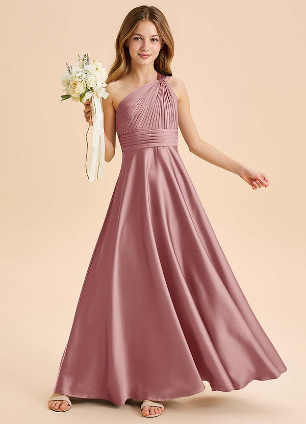 Azazie Charlize Junior Robe Trapèze en Satin extensible Plissée Rose Poussiéreuse image1