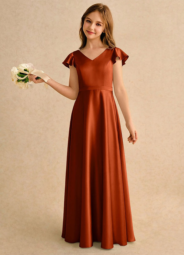 Azazie Nari Girls Formal Sukienki dla dziewczynek sypiących kwiaty Linia A z rękawami Satyna elastyczna Długość podłogi Sukienka image1