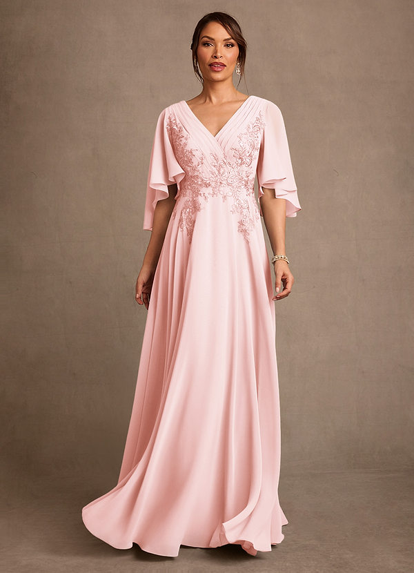 Azazie Tilda Mother of the Bride Dresses Vestido Rosa Corado de Chiffon de Linha A com Renda image1