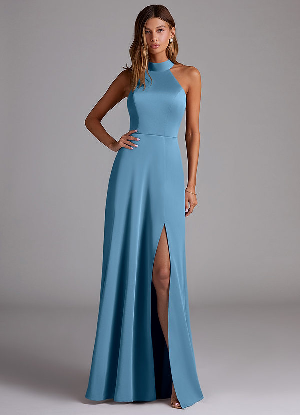 Azazie Myra Bridesmaid Dresses Steel Blue A-Line High Neck Stretch Satin Dress image1