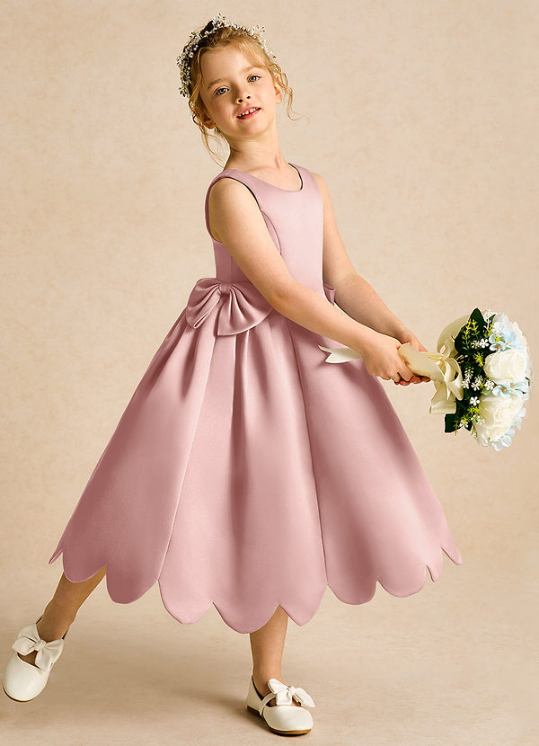 Azazie Macaroon Vestidos de Niña de Flores Vestido de Oro Rosa de Satin Mate de Princesa con Lazo image1