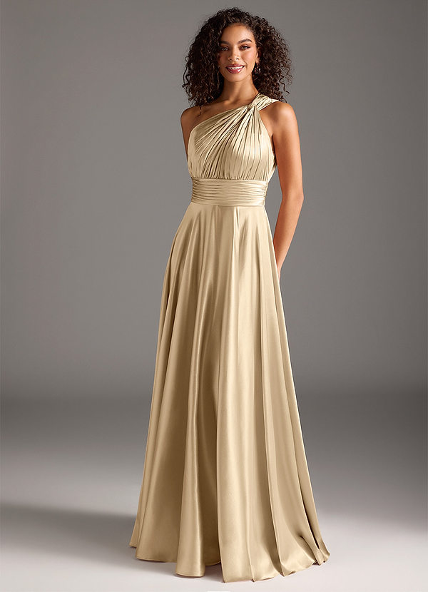 Azazie Charlize Bridesmaid Dresses Champagne A-Line One Shoulder Metallic Satin Dress image1