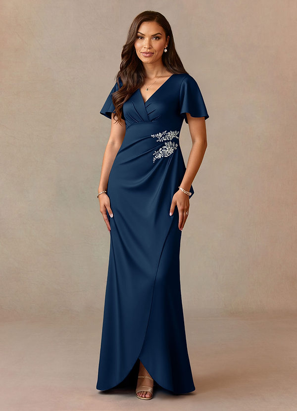 Azazie Robins Mother of the Brides Dresses Dark Navy A-Line Pleated Stretch Satin Dress image1
