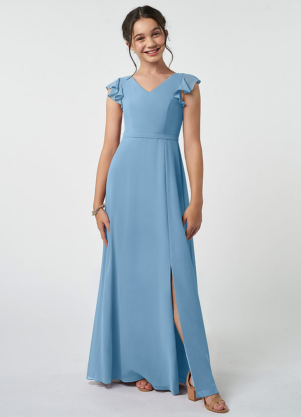 Azazie Claudine Junior Steel Blue A-Line Pleated Chiffon Dress image1