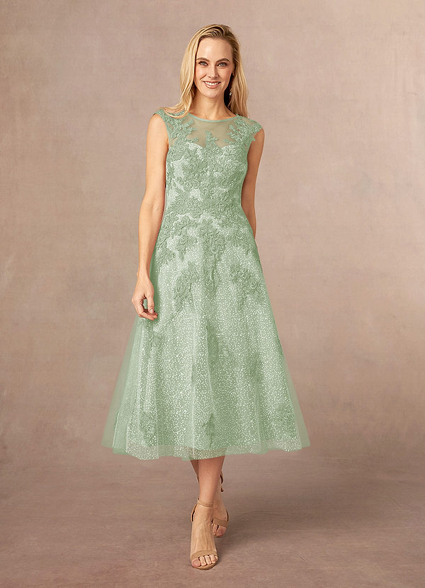 Azazie Flynn Mother of the Brides Dresses Dusty Sage A-Line Boatneck Lace Tulle Dress image1