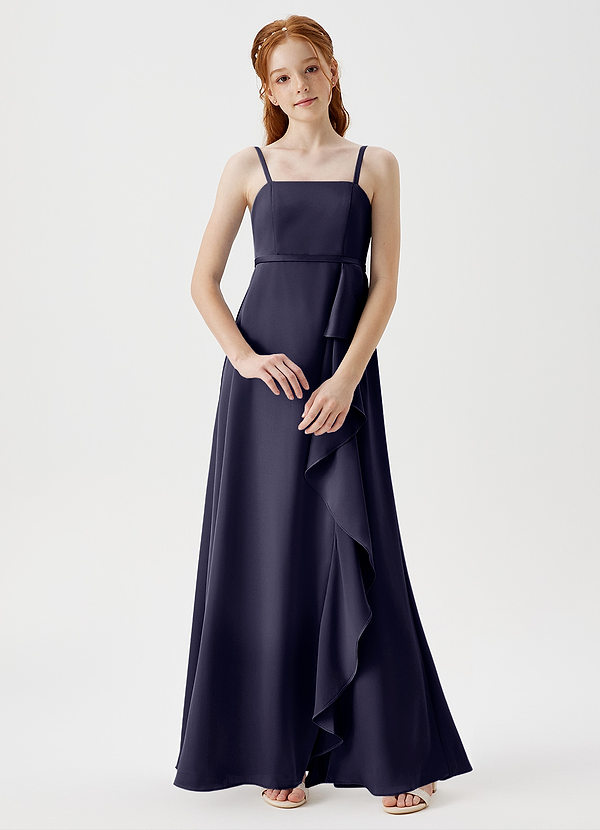 Azazie Kaylee Junior Robe Trapèze en Satin extensible avec ceinture Bleu Orageux image1