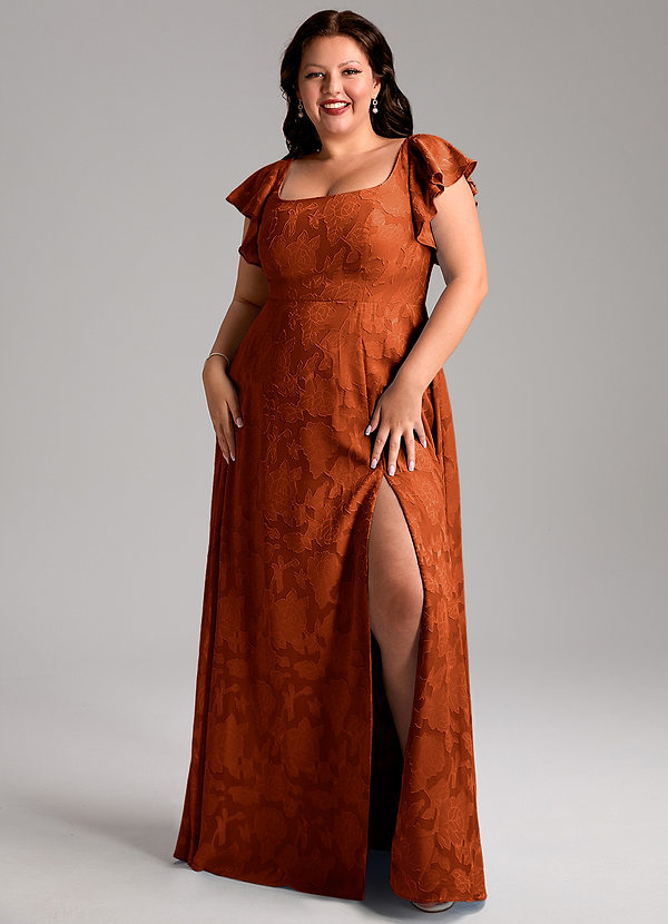 Azazie Bondi Bridesmaid Dresses Paprika A-Line Side Slit Floral Burnout Dress image1
