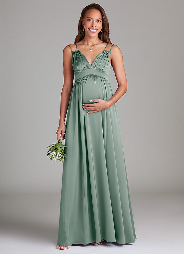 Azazie Emree Robes de demoiselle d'honneur maternité Robe Trapèze Avec poches Longueur ras du sol Satin extensible image1