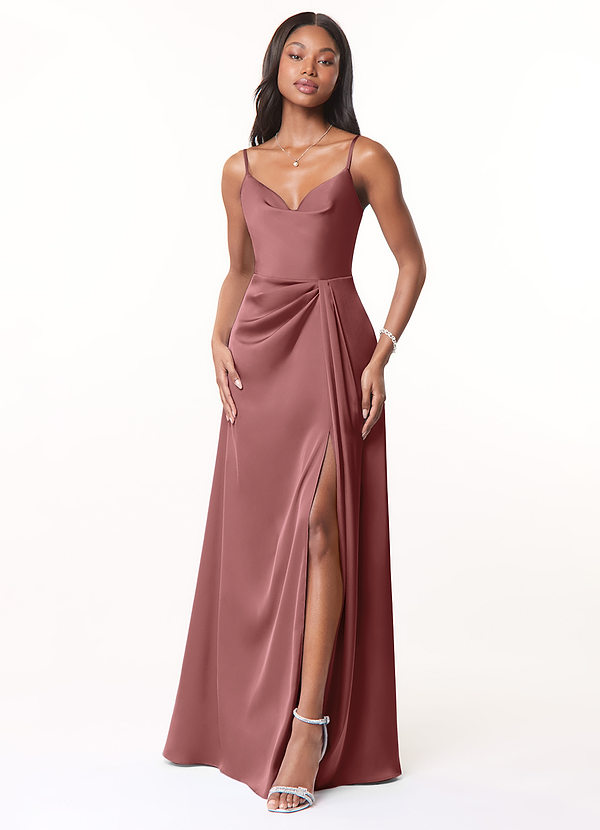 Azazie Brielle Robes Demoiselle d'honneur Robe Trapèze en Satin extensible Bretelles spaghetti Améthyste image1