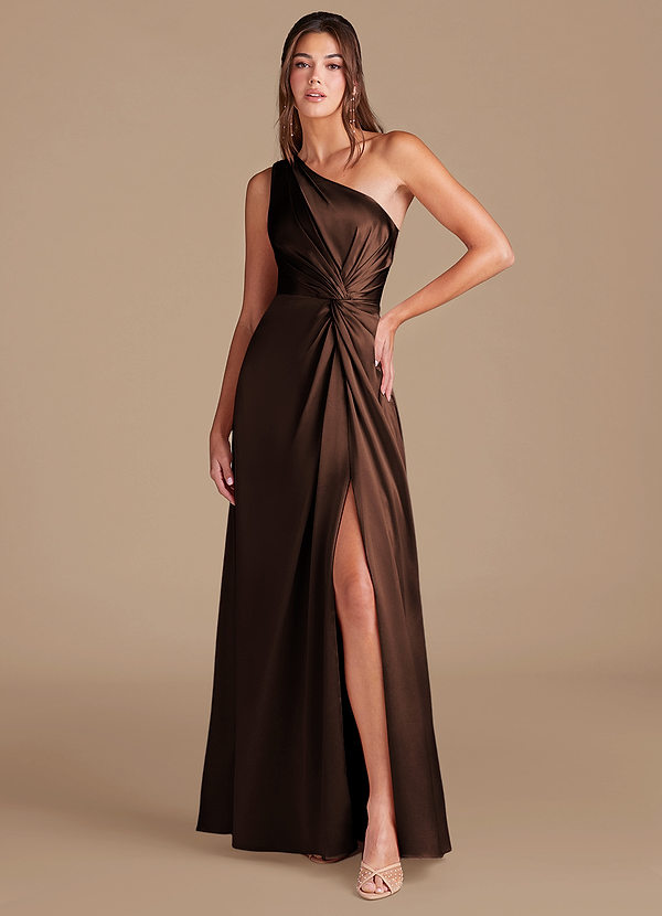 Azazie Brooke Vestidos Dama de Honor Vestido de Ganache de Satén Metálico de Corte en A con Hombro unilateral image1