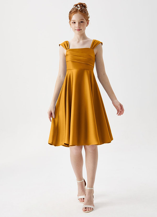 Azazie Amira Junior Butterscotch A-Line Pleated Stretch Satin Dress image1