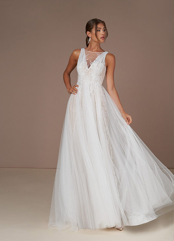 Azazie Adams Wedding Dresses A-Line Sequins Tulle Chapel Train Dress image1